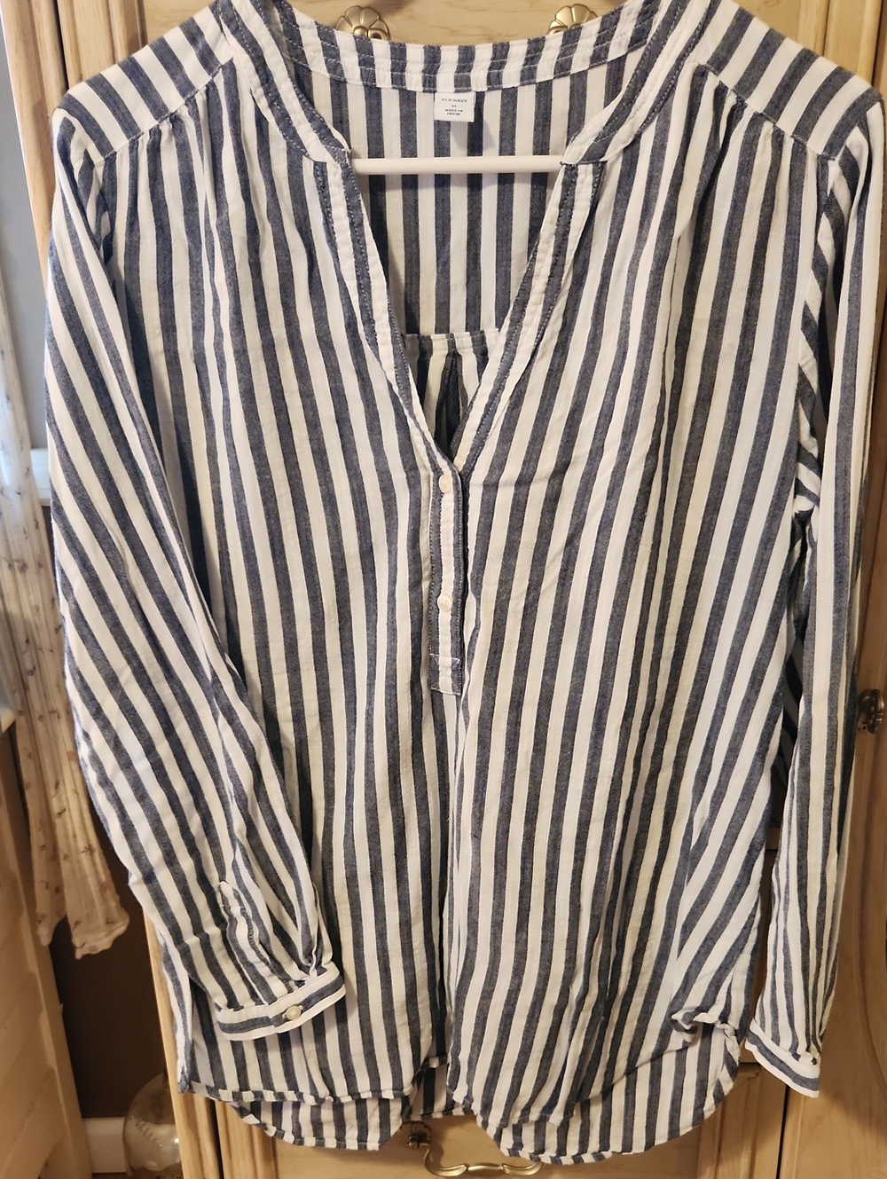 Striped Navy and White Womans Long-Sleeve Shirt
